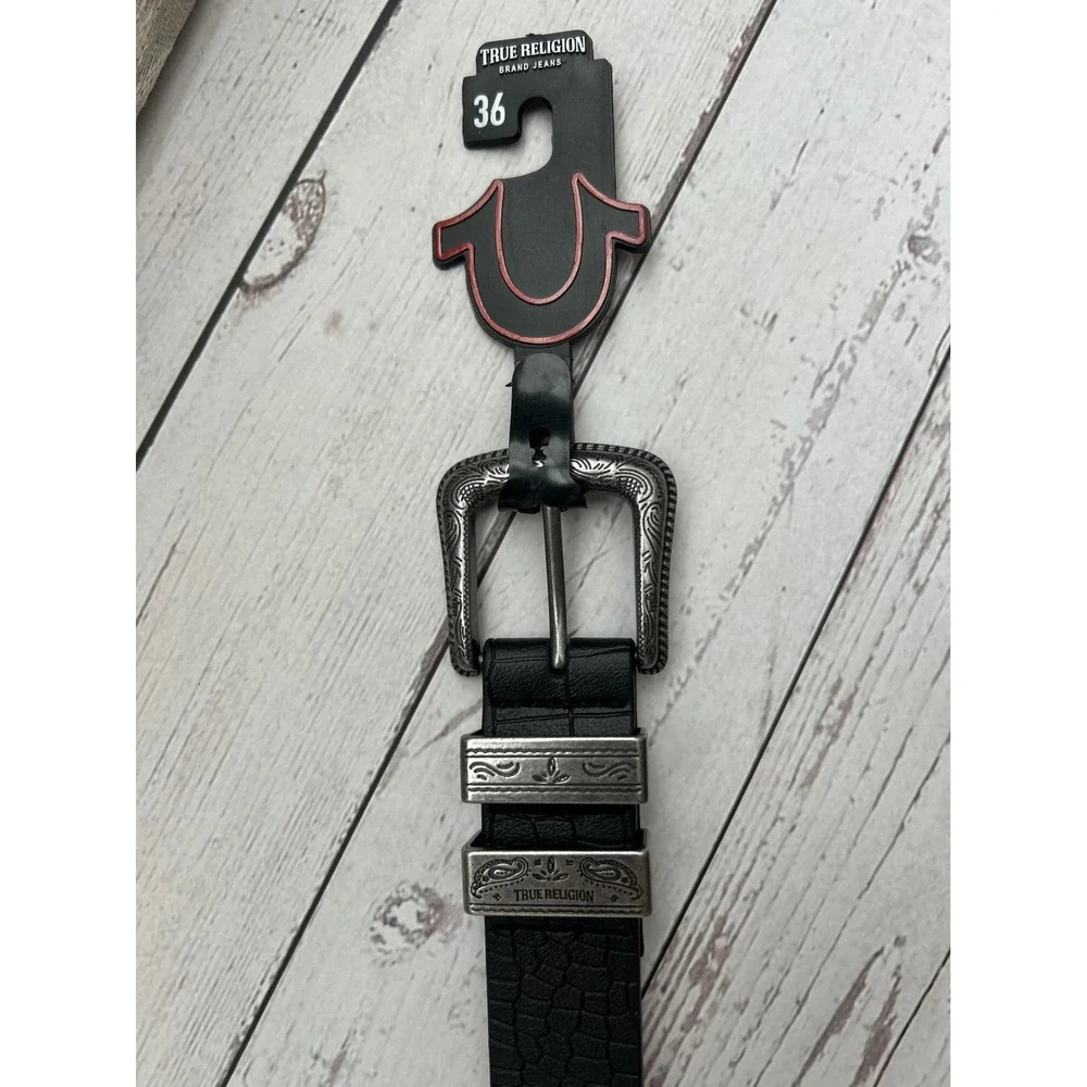 True Religion Mens Black Crocodile Embossed‎ Western Belt Silver Engraved Buckle